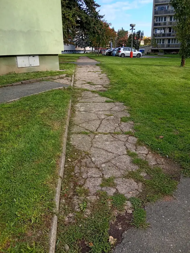 Tristní stav některých chodníků nutí staré lidi chodit po silnici.