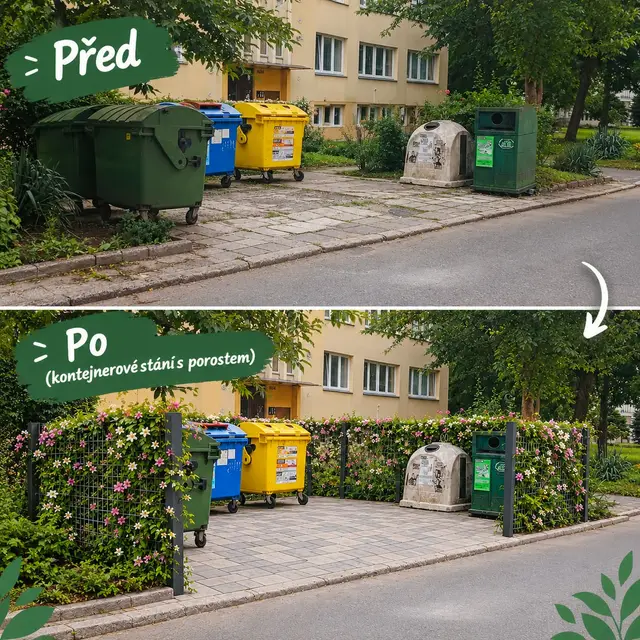 Zelené řešení kontejnerových stání popínavými rostlinami.